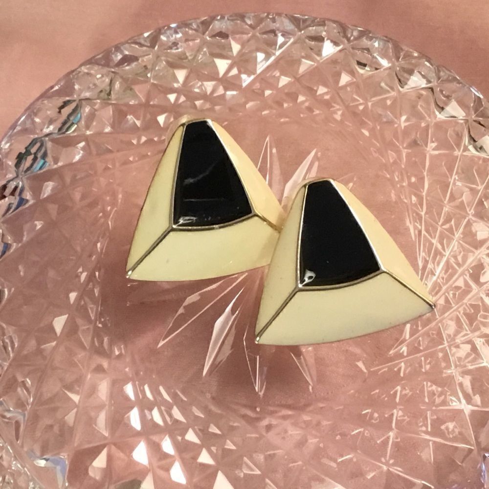 $8 ea or 3 /$12. Ivory and Black Enamel on Goldtone Triangular Earrings.